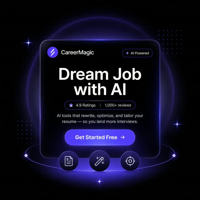 CareerMagic product artwork with a purple resume-creation interface