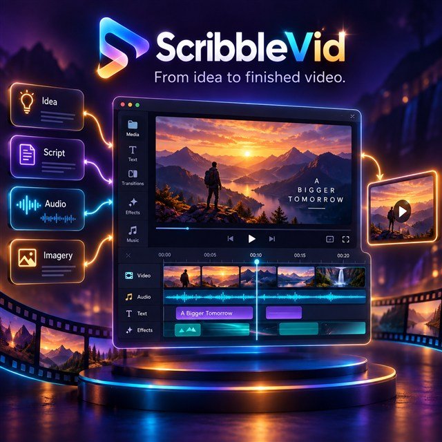 ScribbleVid artwork showing ideas, audio and imagery flowing into a video timeline