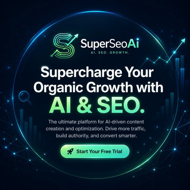 SuperSEOAI product artwork with a luminous blue and green SEO interface